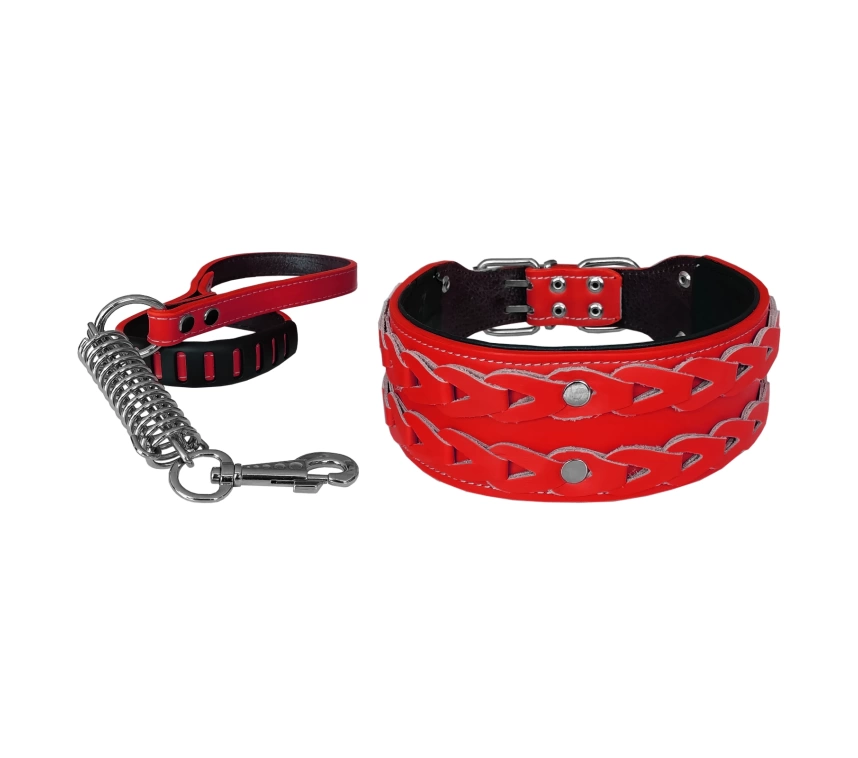 Deri İşlemeli Lüks Köpek Tasma Seti XL 7 cm*60-68 cm Kırmızı