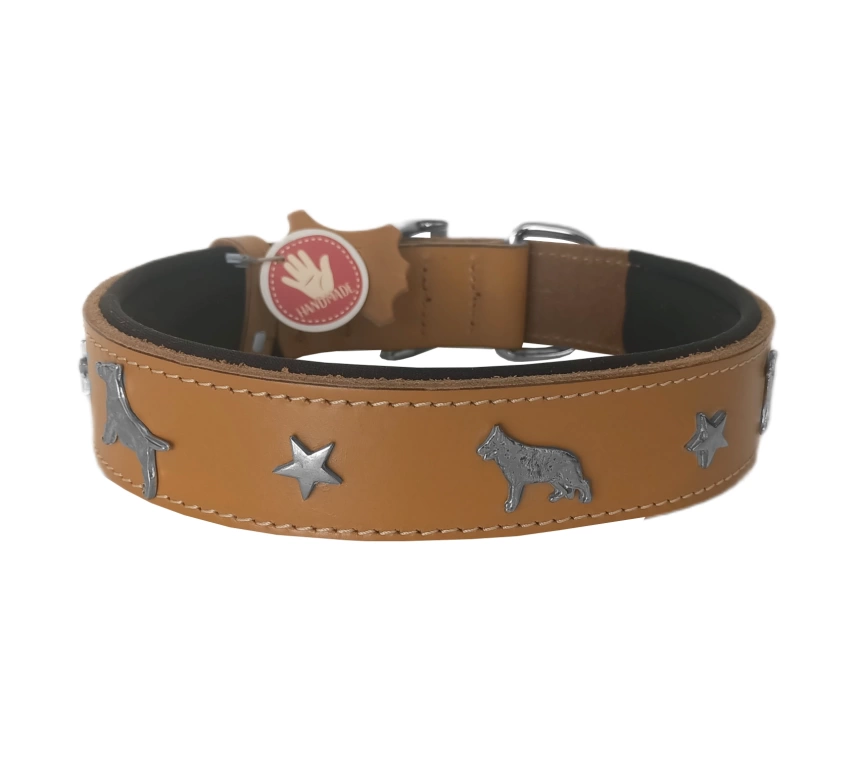 Deri Köpek Figürlü Köpek Boyun Tasması 56-64 cm XL Kamel
