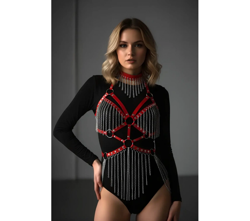 Deri Ve Zincir Detaylı Harness Takım, Deri Dansçı Kostüm, Choker Detaylı Deri Harness - Brf1397