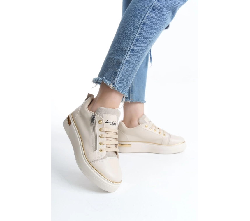 DINA Bağcıklı Fermuarlı Ortopedik Taban Kadın Sneaker Spor Ayakkabı  KT - Krem/Altın