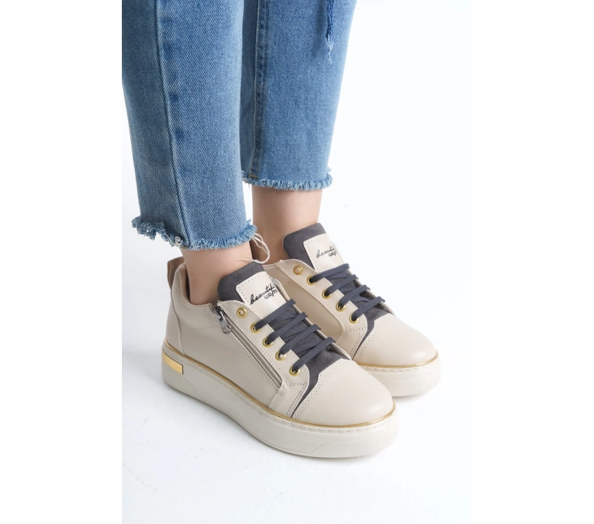 DINA Bağcıklı Fermuarlı Ortopedik Taban Kadın Sneaker Spor Ayakkabı  KT - Krem/Gri/Altın