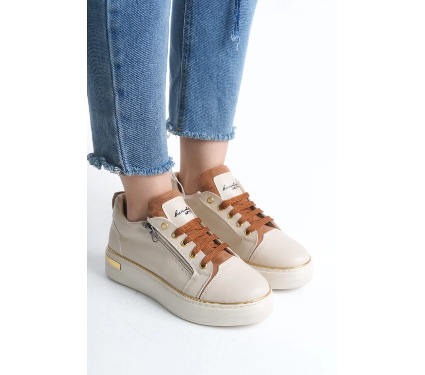 DINA Bağcıklı Fermuarlı Ortopedik Taban Kadın Sneaker Spor Ayakkabı  KT - Krem/Taba/Altın