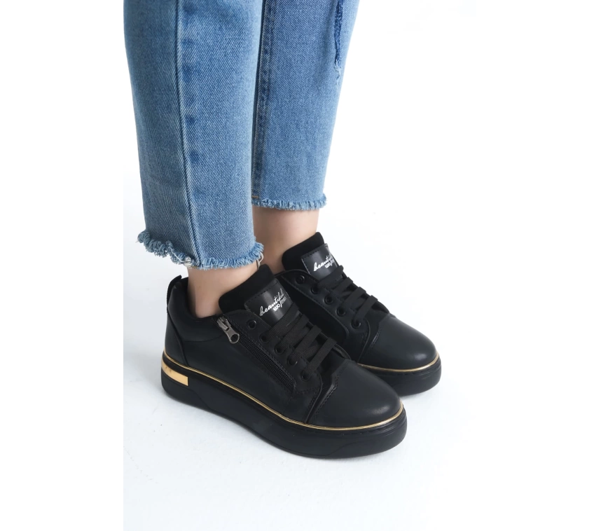 DINA Bağcıklı Fermuarlı Ortopedik Taban Kadın Sneaker Spor Ayakkabı  ST - Siyah/Altın