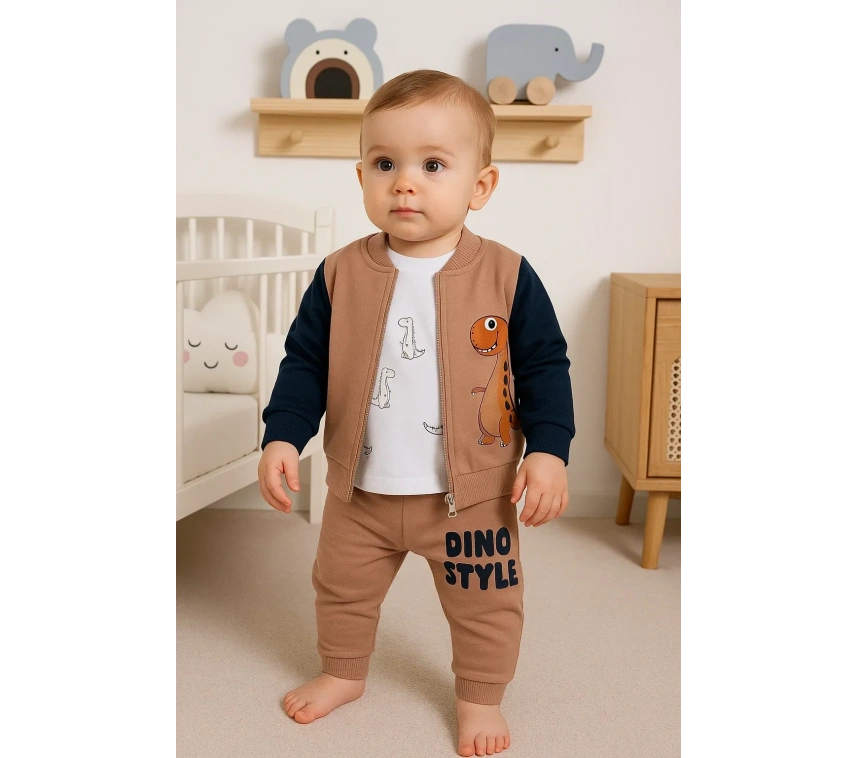 Dinazor Desenli Hırkalı 3lü Erkek Bebek Takım