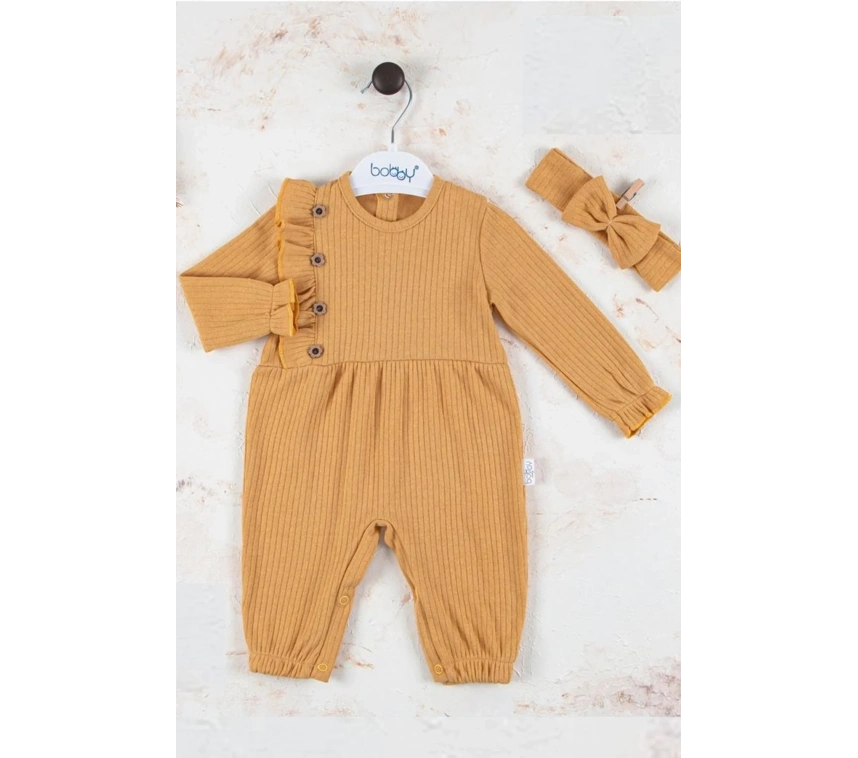 Düğme Detaylı Bandanalı % 100 Pamuk Kız Bebek Tulumu