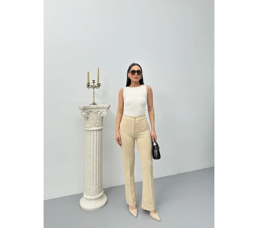 Düğmeli Palazzo pantolon bej p170091