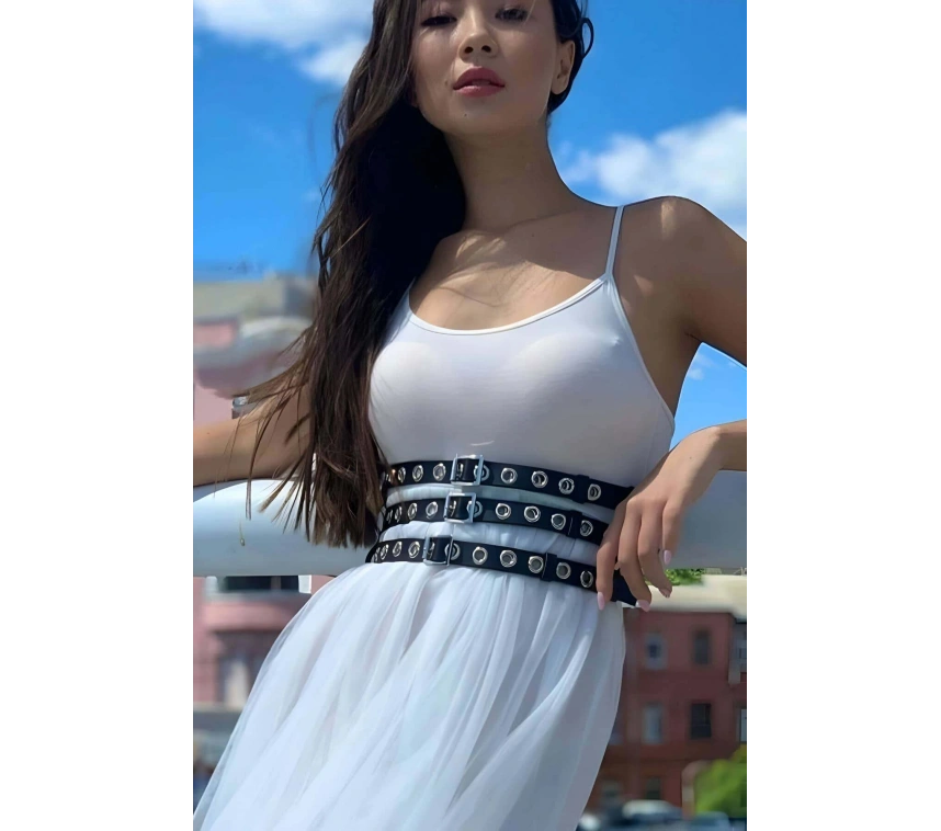 Elbise Üzeri Üçlü İnce Şerit Ayarlanabilir Şık Deri Bel Korse Kemer - Brf641