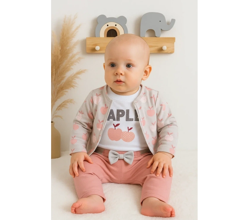 Elma Desenli Ceketli 3lü Kız Bebek Takımı