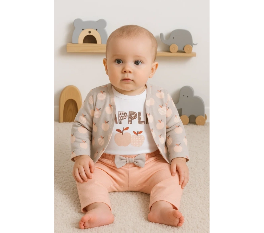 Elma Desenli Ceketli 3lü Kız Bebek Takımı