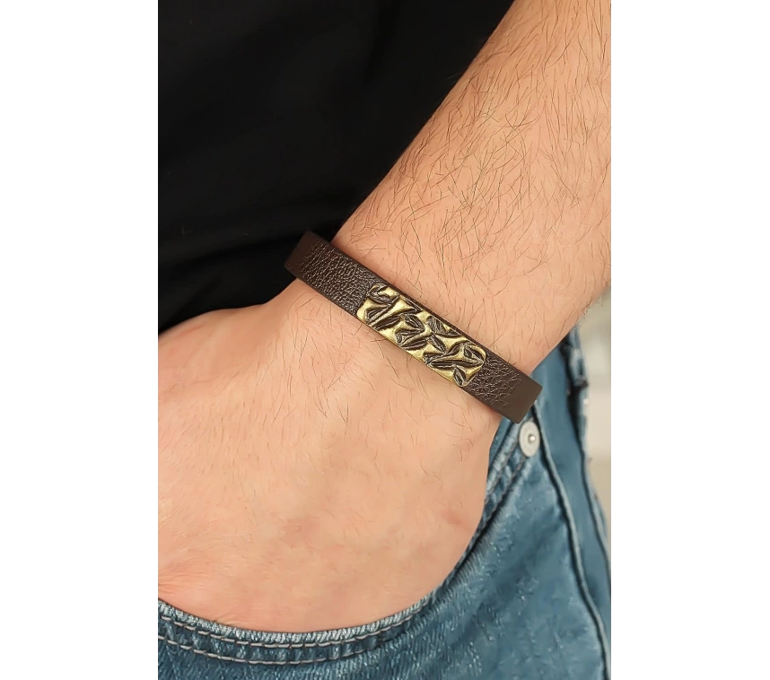 Eskitme Metal Şık Aksesuarlı Kahverengi Deri Erkek Bileklik