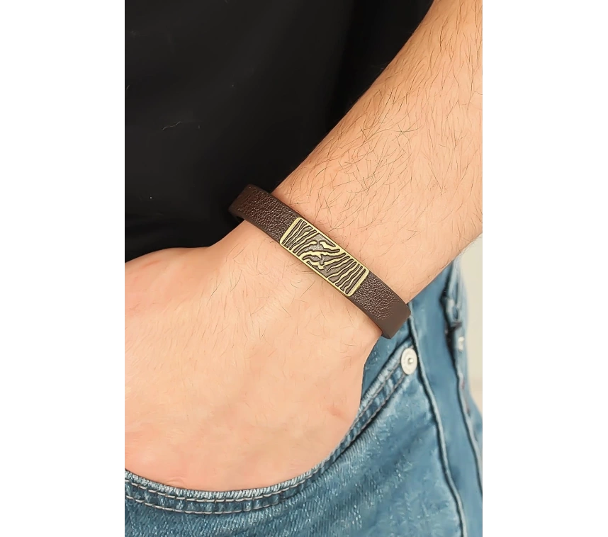 Eskitme Metal Zebra Aksesuarlı Kahverengi Deri Erkek Bileklik