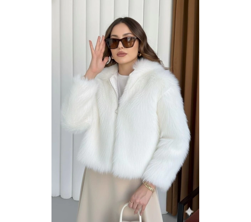 Fermuarlı kısa kürk beyaz t7746