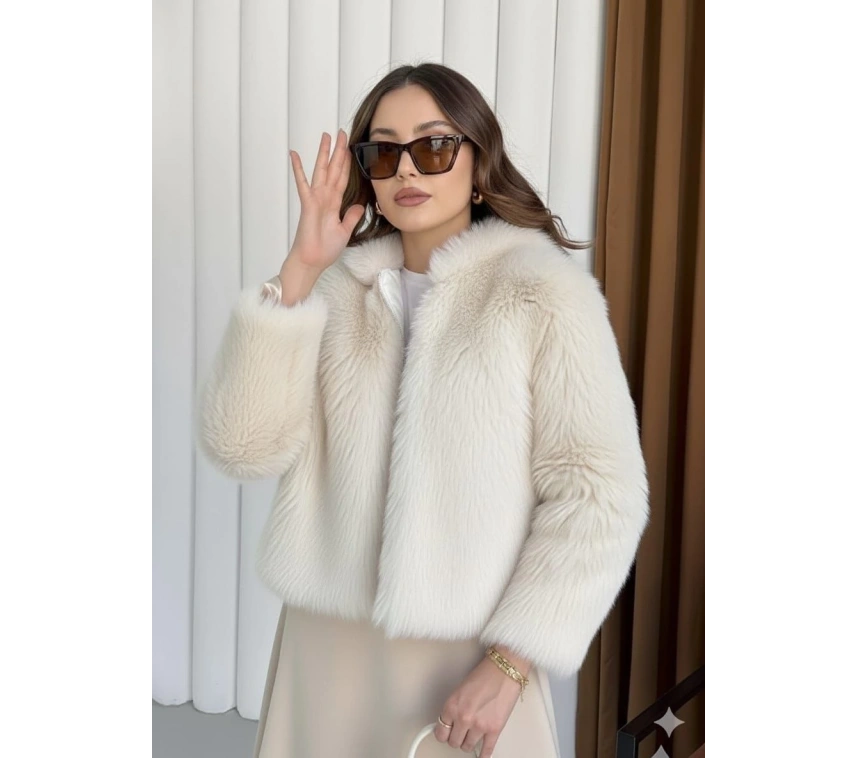 Fermuarlı kısa kürk siyah ekru t7746