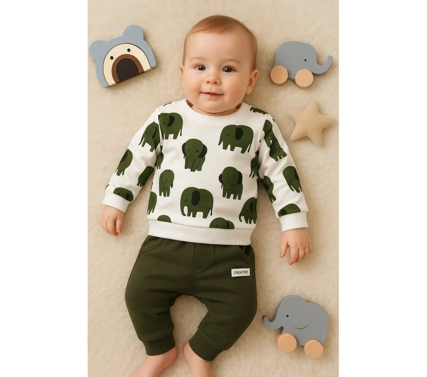 Fil Desenli 2li % 100 Pamuk Erkek Bebek Takımı
