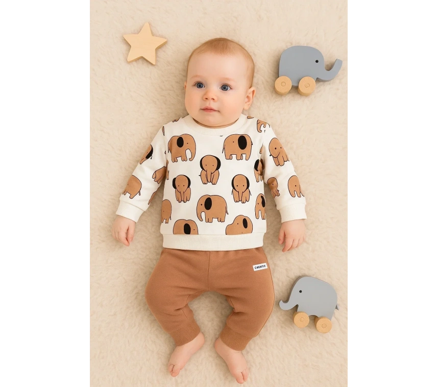 Fil Desenli 2li % 100 Pamuk Erkek Bebek Takımı