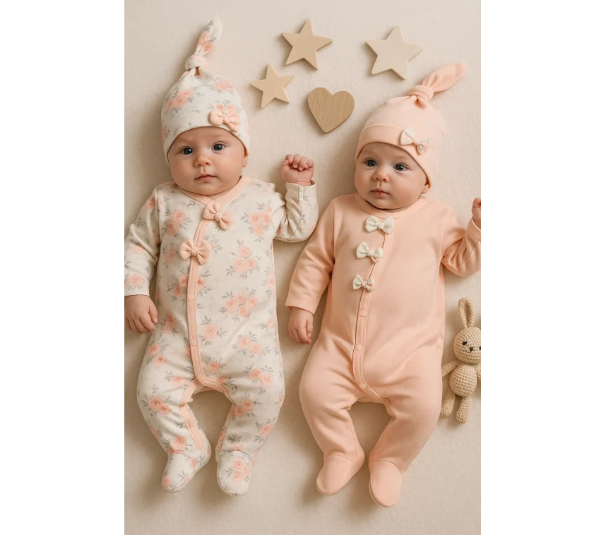 Fiyonklu Çiçek Desenli Kız Bebek 4lü Tulum Seti %100 Pamuk