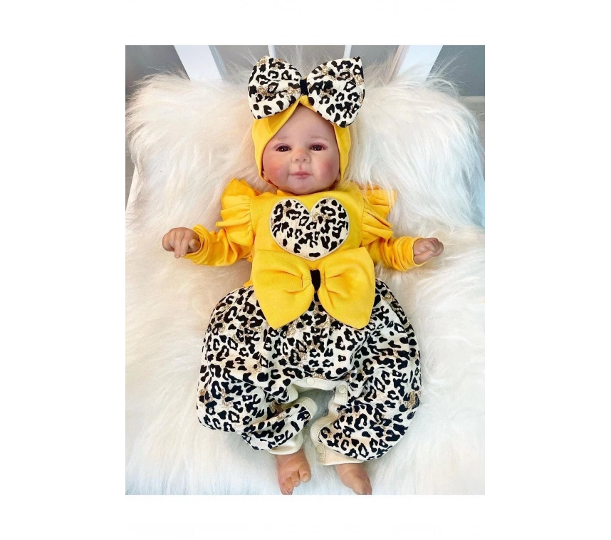 Fiyonklu Leopar Desenli % 100 Pamuk Kız Bebek Takım