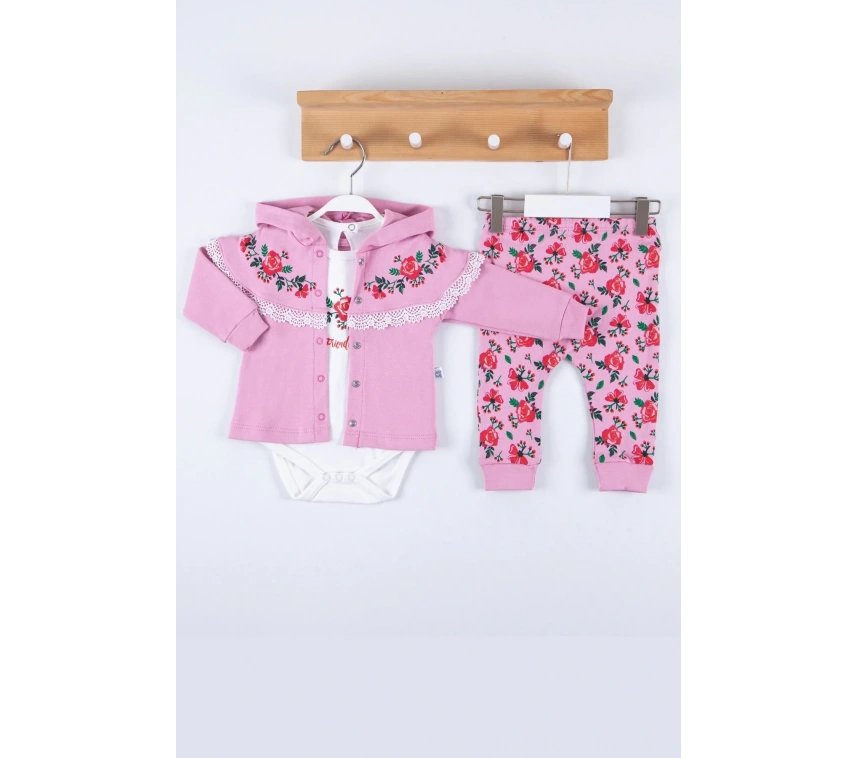 Flover Nakışlı Hırkalı % 100 Pamuk 3lü Kız Takım