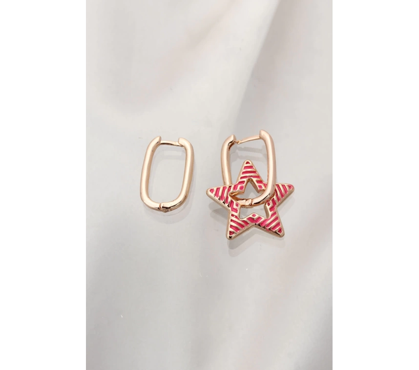 Fuşya Çizgili Gold Çelik Yıldız Küpe