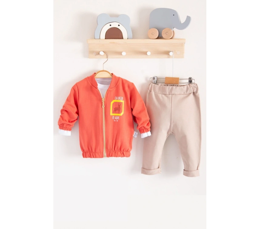 Geyik Desenli Hırkalı 3lü Erkek Bebek Takım