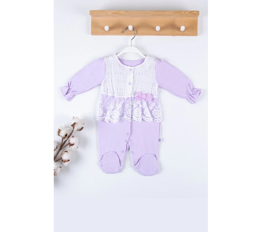 Gofralı Fransız Güpürlü % 100 Pamuk Kız Bebek Tulumu