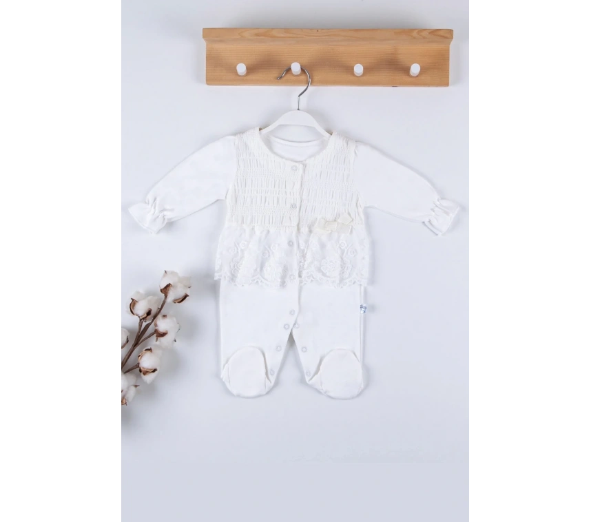 Gofralı Fransız Güpürlü % 100 Pamuk Kız Bebek Tulumu