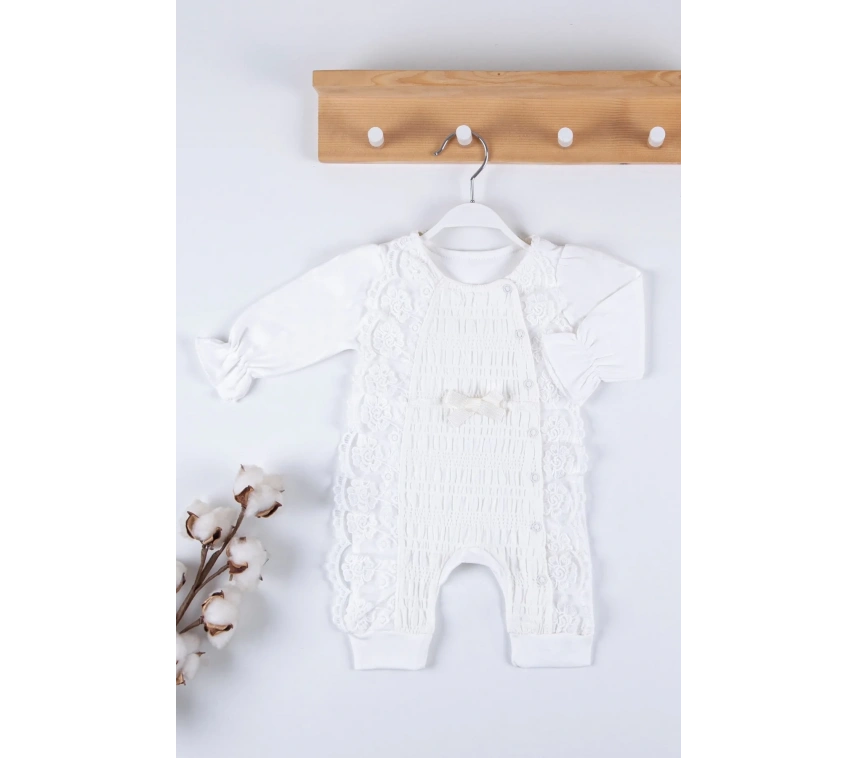 Gofralı Fransız Güpürlü % 100 Pamuk Kız Bebek Tulumu