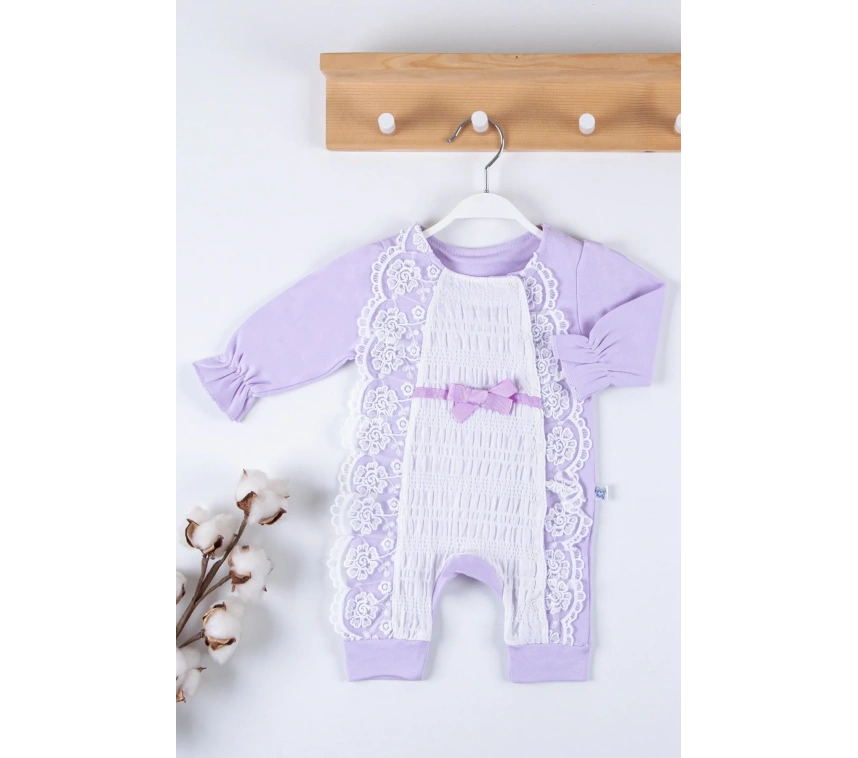 Gofralı Fransız Güpürlü % 100 Pamuk Kız Bebek Tulumu