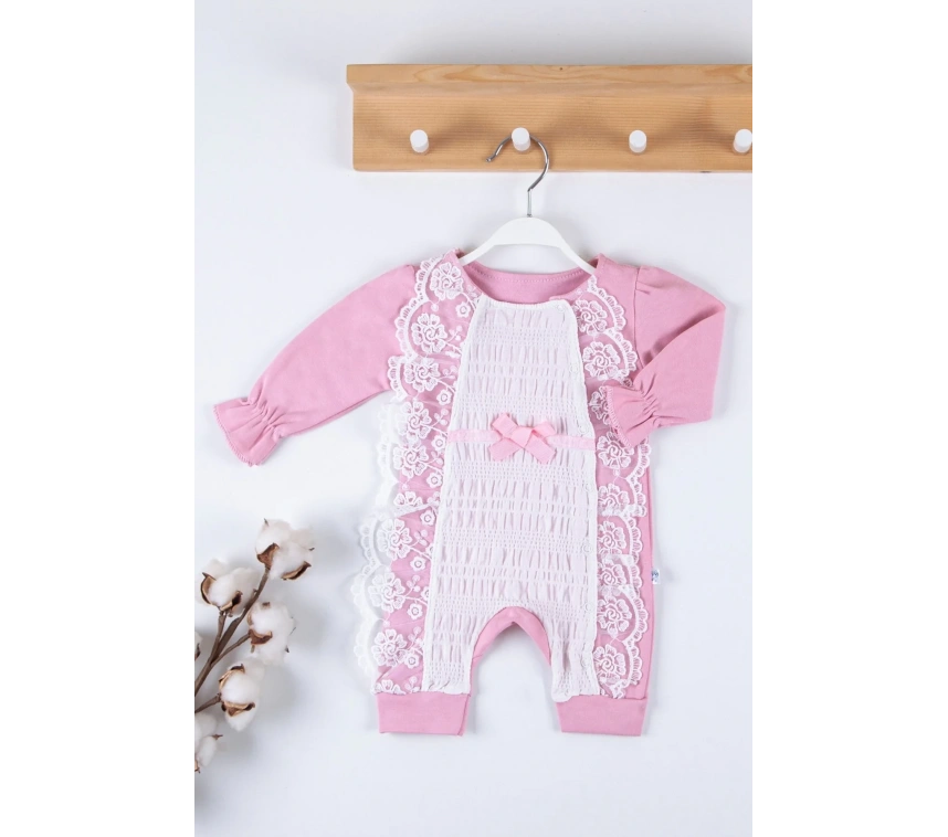 Gofralı Fransız Güpürlü % 100 Pamuk Kız Bebek Tulumu