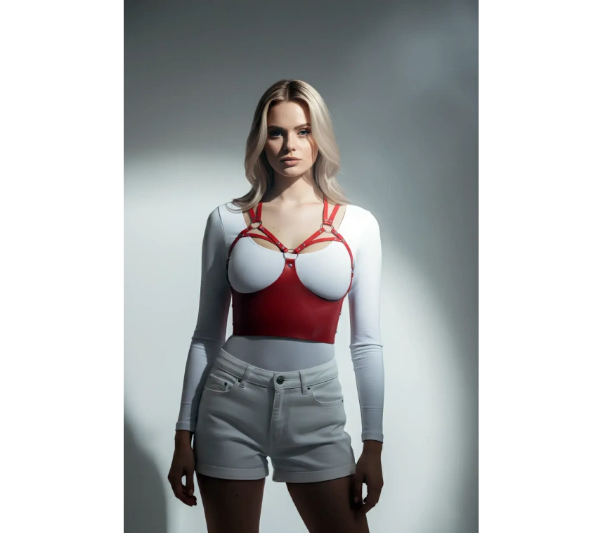 Göğüs Detaylı Deri Kırmız Harness Büstiyer, Şık Deri Korse - Brf872