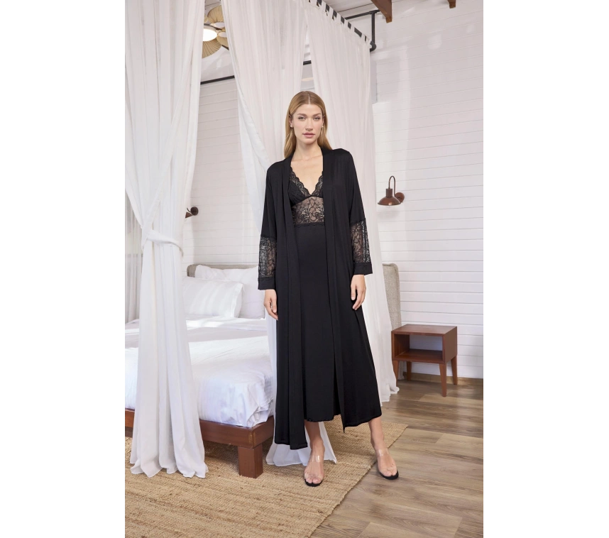 Göğüs Ve Sırt Dekolteli Dantelli Sabahlık Takımı