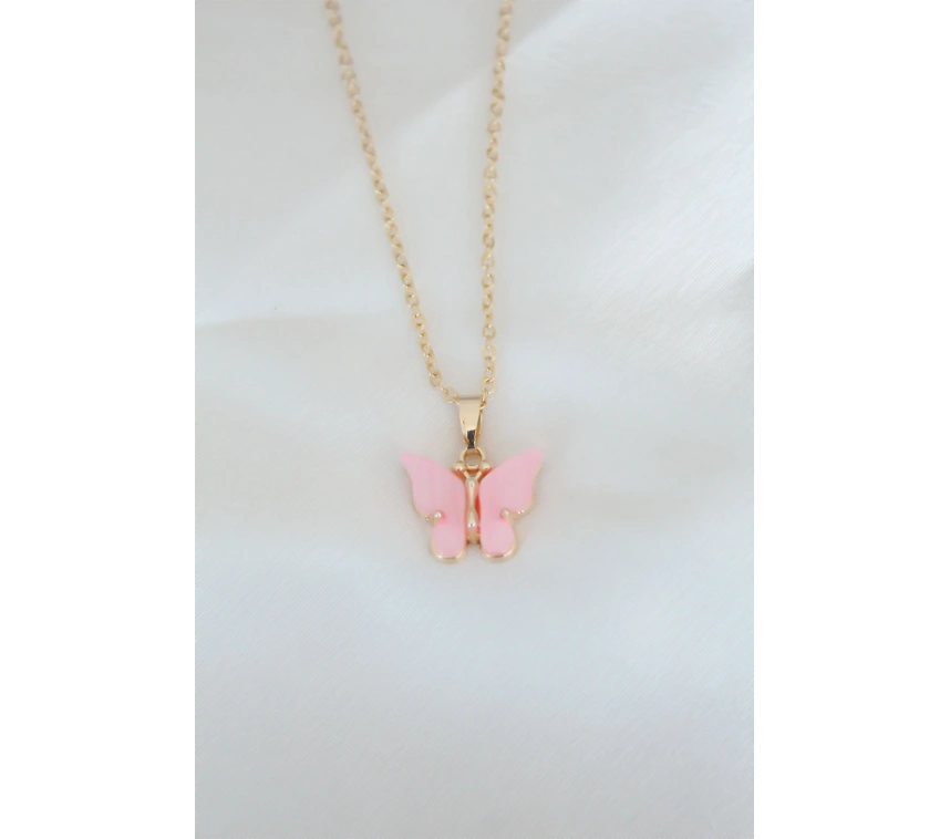 Gold Kaplama Pembe Sedefli Kelebek Kolye