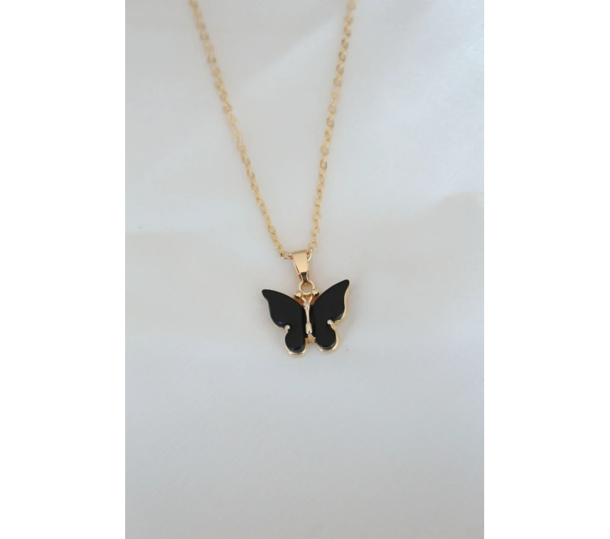 Gold Kaplama Siyah Renkli Sedefli Kelebek Kolye