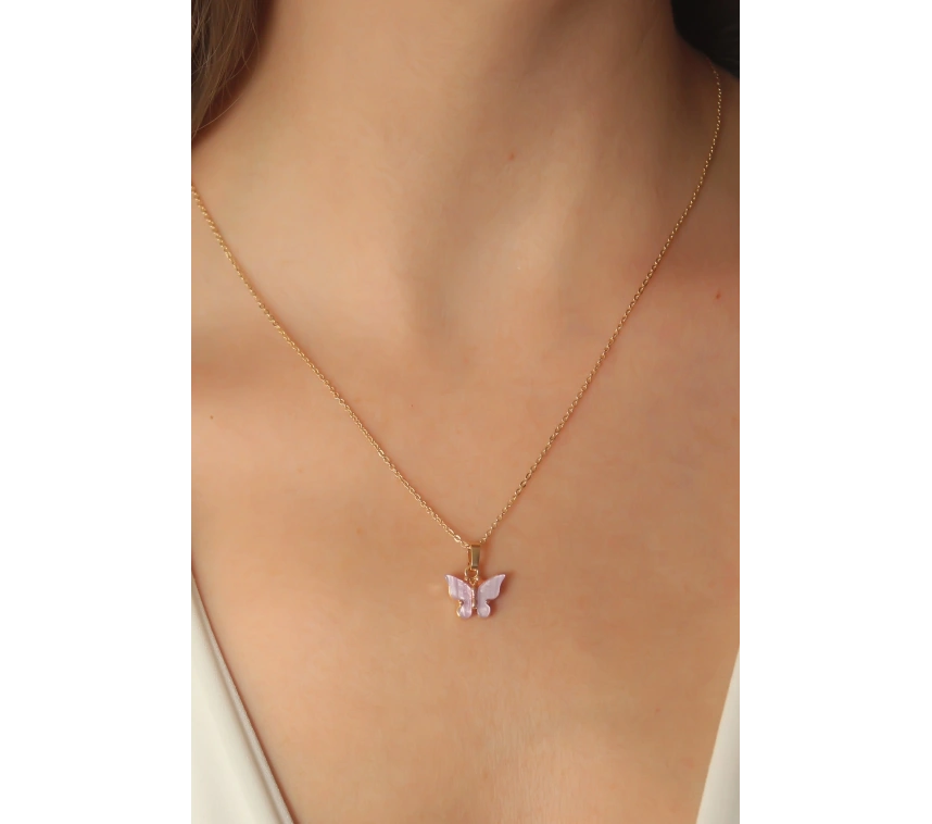 Gold Lila Renk Kelebek Figür Kadın Kolye