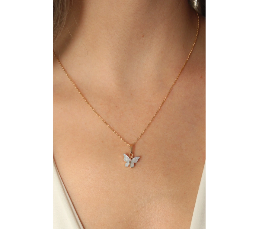Gold Mavi Renk Kelebek Figür Kadın Kolye