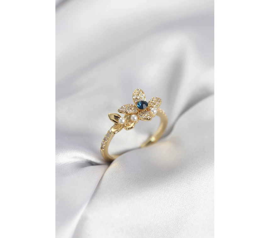 Gold Renk Çiçek Model Zirkon Taşlı Kadın Yüzük