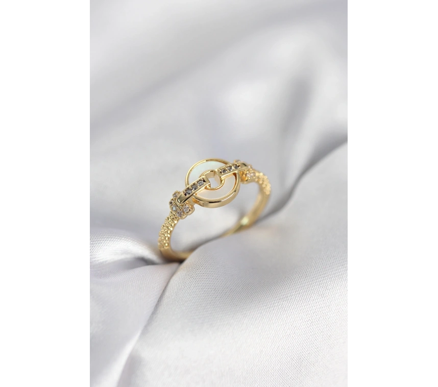 Gold Renk Daire Form Sedef ve Zirkon Taşlı Kadın Yüzük