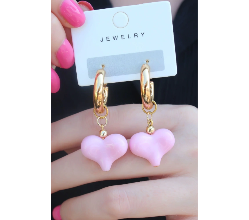 Gold Renk Halka Model Pembe Kalp Model Kadın Küpe