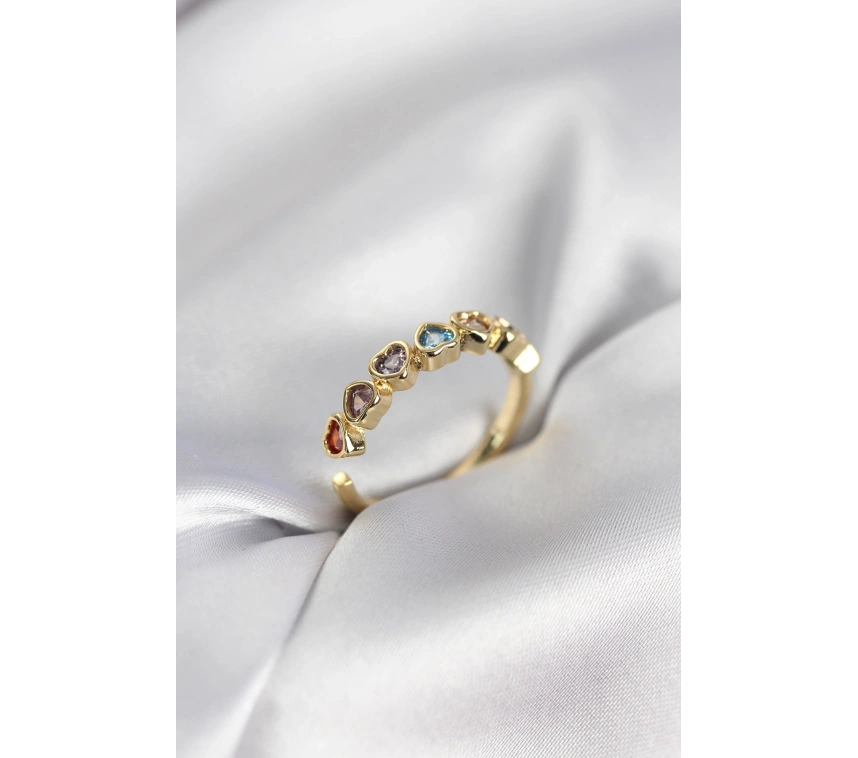 Gold Renk Kalp Model Renkli Zirkon Taşlı Kadın Yüzük