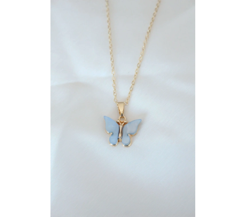 Gold Renk Kaplama Buz Mavisi Renk Sedefli Kelebek Kolye