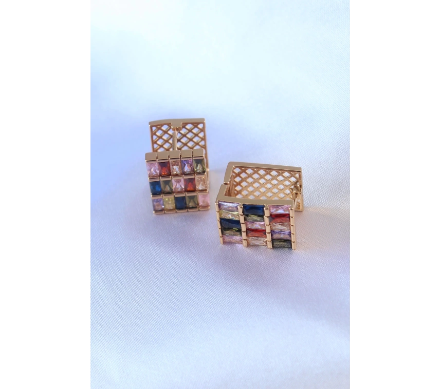 Gold Renk Kare Model Renkli Zirkon Taşlı Pirinç Kadın Küpe
