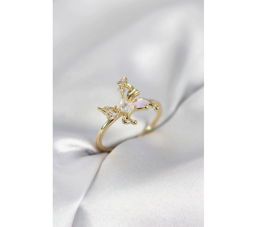 Gold Renk Kelebek Model Zirkon Taşlı Kadın Yüzük