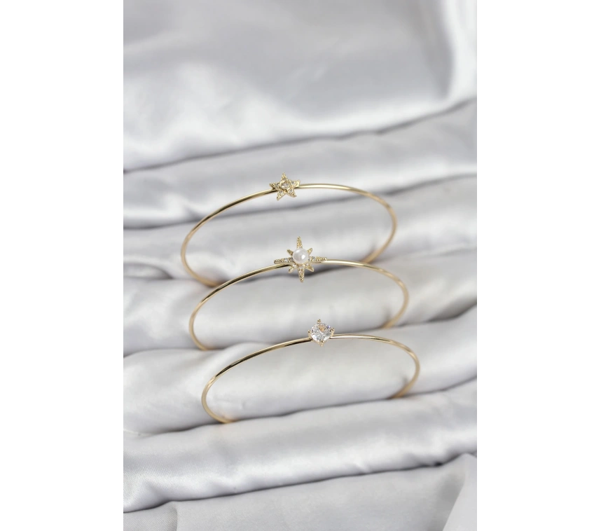 Gold Renk Kutup Yıldızı Model Zirkon Taşlı 3lü Kadın Bileklik Kombini