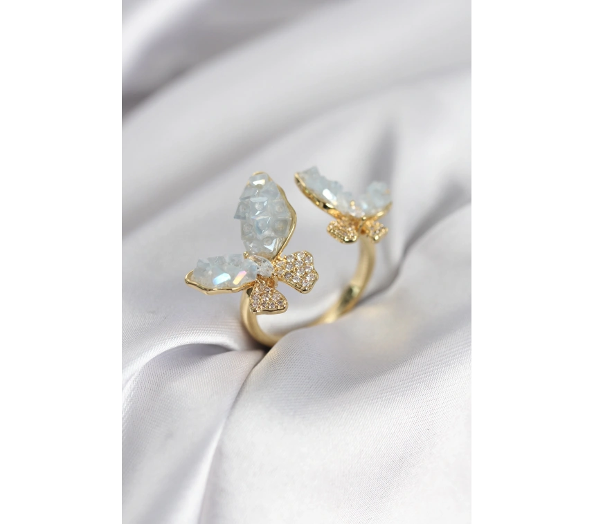 Gold Renk Mavi Kelebek Model Zirkon Taşlı Kadın Yüzük