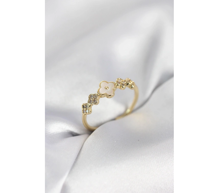 Gold Renk Minimal Yonca ve Zirkon Taşlı Kadın Yüzük