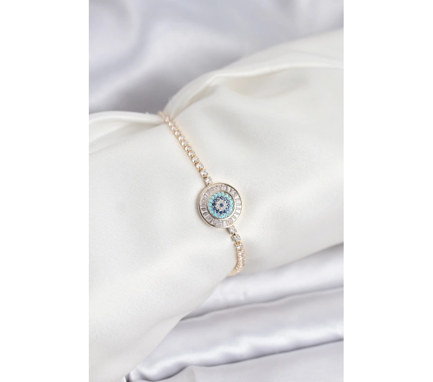 Gold Renk Nazar Model Zirkon Taşlı Asansörlü Su Yolu Bileklik