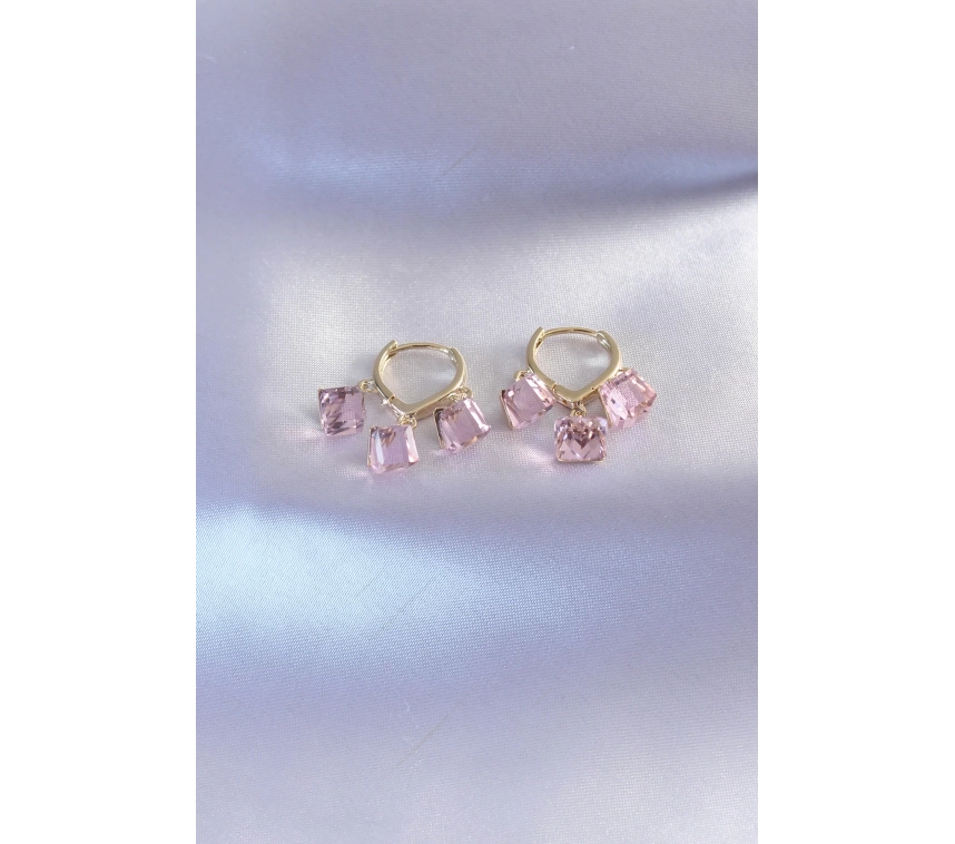 Gold Renk Pembe Kristal Taşlı Kadın Küpe
