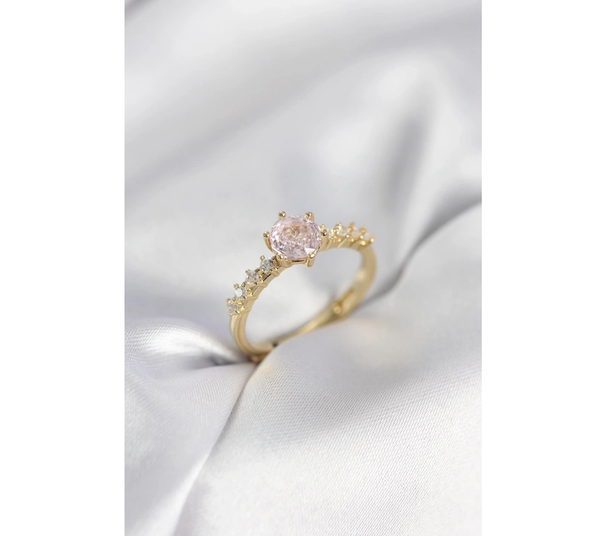 Gold Renk Pembe Tek Taş Model Zirkon Taşlı Kadın Yüzük