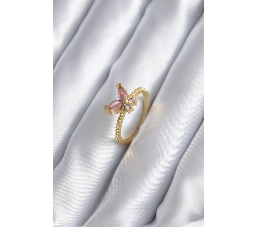 Gold Renk Pembe Zirkon Taşlı Kelebek Model Kadın Yüzük
