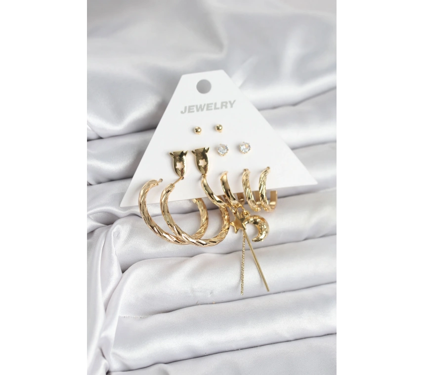 Gold Renk Pirinç 6lı Kadın Küpe Seti